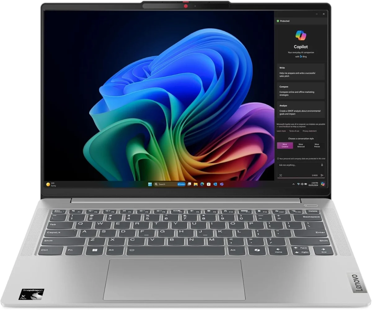 لابتوب كوبيلوت+ ايديا باد سليم 5 14Q8X9 من لينوفو سناب دراجون® اكس بلس X1P-42-100 وحدة مركزية مدمجة كوالكوم هيكساجون™ حتى 45 رسومات ادرينو™ 16GB و512GB وSSD 14 بوصة WUXGA OLED ويندوز 11 هوم