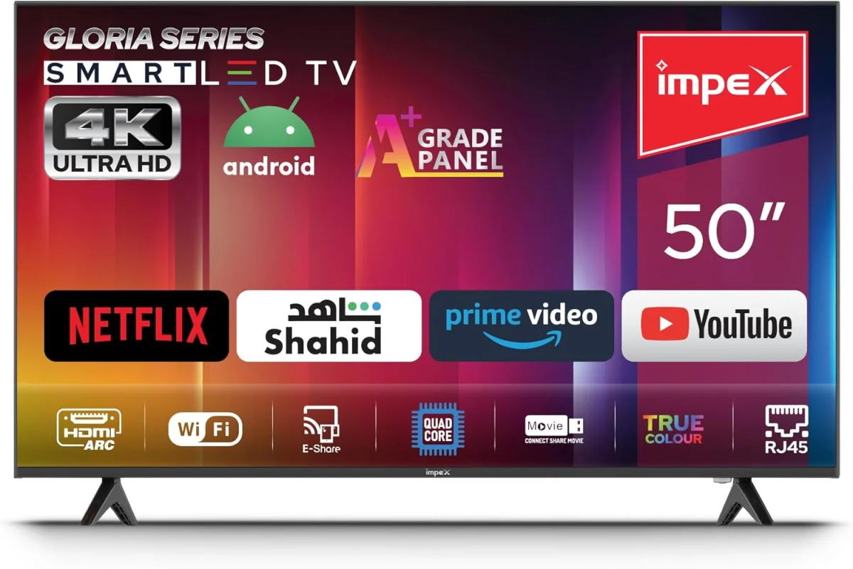 امبيكس تلفزيون LED ذكي بنظام اندرويد بتصميم اقل باطار مراة ومشاركة الكترونية ومنفذ HDMI USB وواي فاي ونتفليكس ويوتيوب وديزني بلس وابل تي في وستارز بلاي ارابيا ضمان لمدة عامين جلوريا 50 أسود