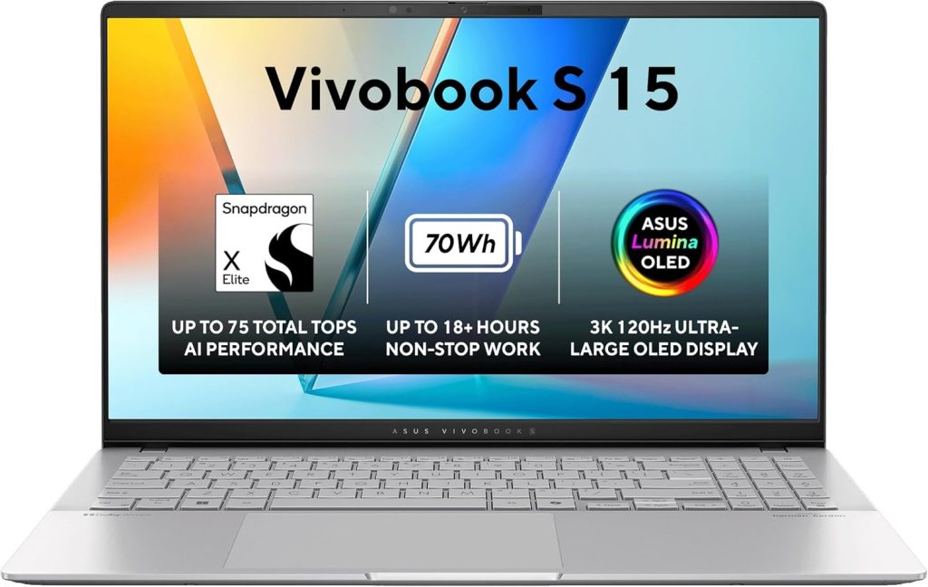 لابتوب فيفو بوك S 15 اسوس ذكاء اصطناعي وحدة معالجة عصبية كوالكوم سناب دراغون اكس اليت 45TOPs اوليد 15.6بوصة 3K 120Hz رام 32GB SSD 1TB نوع C 90واط فضي كيبورد إضاءة خلفية عربي-انجليزي ويندوز 11 S5507QA
