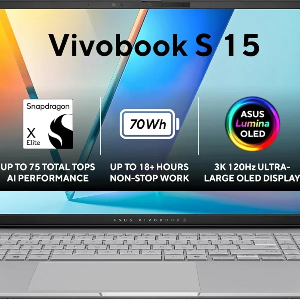 لابتوب فيفو بوك S 15 اسوس ذكاء اصطناعي وحدة معالجة عصبية كوالكوم سناب دراغون اكس اليت 45TOPs اوليد 15.6بوصة 3K 120Hz رام 32GB SSD 1TB نوع C 90واط فضي كيبورد إضاءة خلفية عربي-انجليزي ويندوز 11 S5507QA