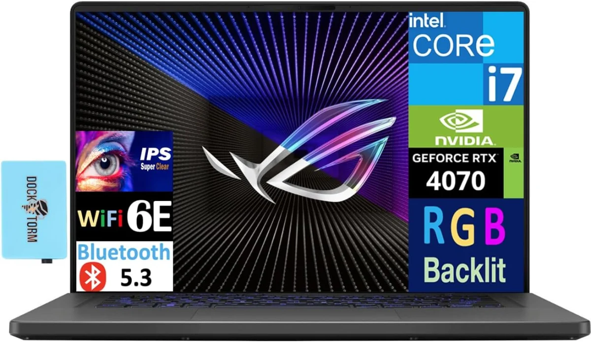اسس لابتوب العاب روج زيفيروس G16 بشاشة OLED WUXGA 16 انش 165Hz (انتل i7-13620H، جيفورس RTX 4070 8GB، 48GB DDR4، 2TB PCIe SSD، كيبورد RGB، ثاندربولت 4، واي فاي 6E، ويندوز 11 برو) مع موسع منفذ USB DKZ
