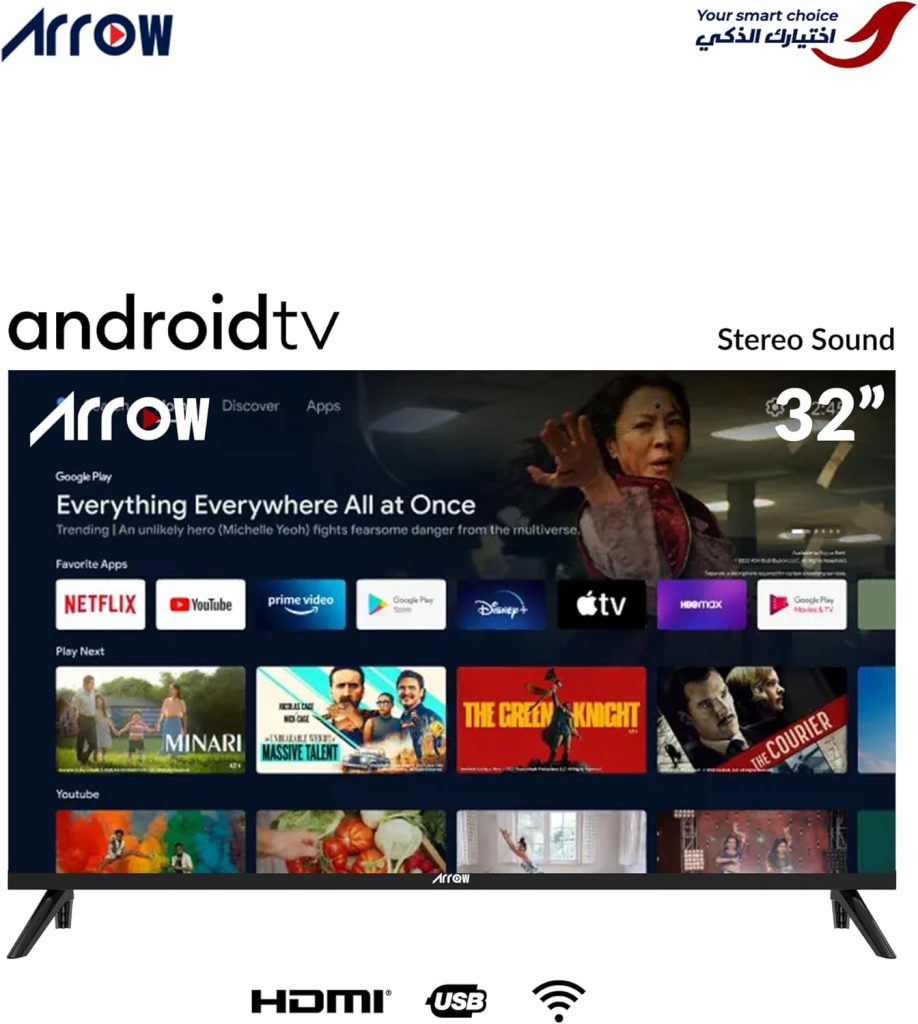 ARRQW تلفزيون 32 بوصة HD سمارت اندرويد 14 LED، تصميم بدون اطار، مراة كاست ومشاركة الكترونية، HDMI USB، واي فاي، نتفليكس ويوتيوب | اسم الموديل: RO-32LPS