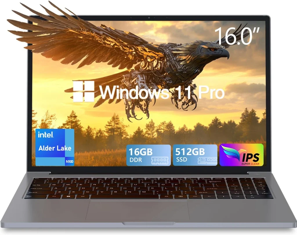 كمبيوتر ألعاب من لينوفو، بذاكرة وصول عشوائي 16 جيجابايت DDR4، وتخزين SSD 512 جيجا، شاشة 16 بوصة FHD، معالج N100 حتى 3.4GHz، ويندوز 11 برو، بلوتوث 5.0، WiFi 5G، 3× USB 3.2 نوع C، بطارية 5000mAh، رمادي