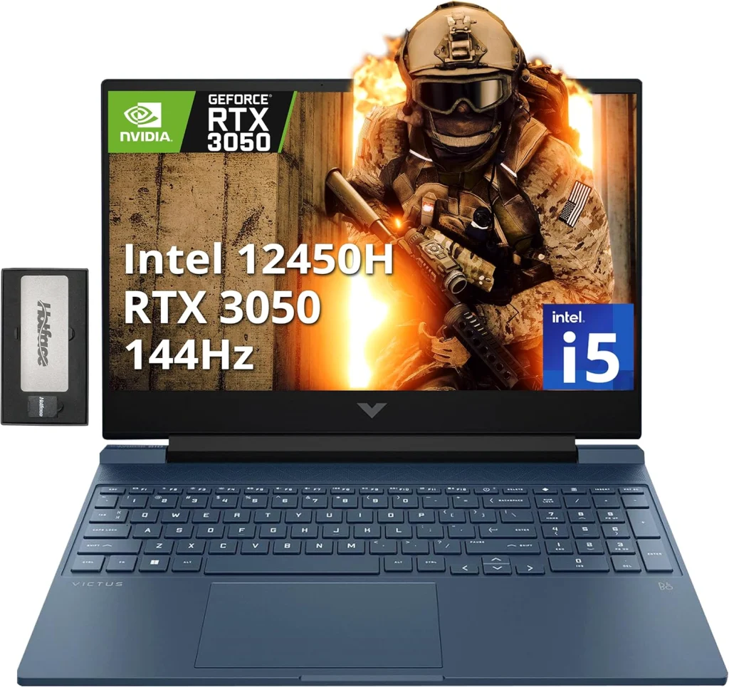 HP لابتوب العاب فيكتوس 15.6 انش FHD 144Hz انتل i5-12450H وRAM 32GB وSSD PCIe 1TB وبطاقة انفيديا جيفورس RTX 3050 وكيبورد باضاءة خلفية وكاميرا FHD وواي فاي 6 وويندوز 11، ازرق، مجموعة قاعدة شحن 256GB