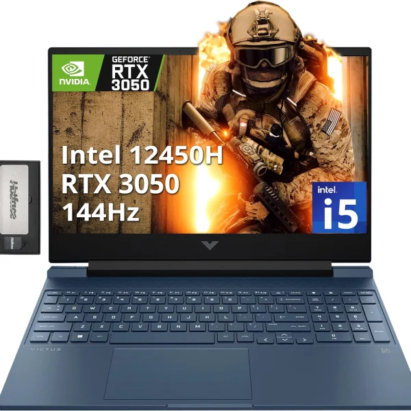 HP لابتوب العاب فيكتوس 15.6 انش FHD 144Hz انتل i5-12450H وRAM 32GB وSSD PCIe 1TB وبطاقة انفيديا جيفورس RTX 3050 وكيبورد باضاءة خلفية وكاميرا FHD وواي فاي 6 وويندوز 11، ازرق، مجموعة قاعدة شحن 256GB