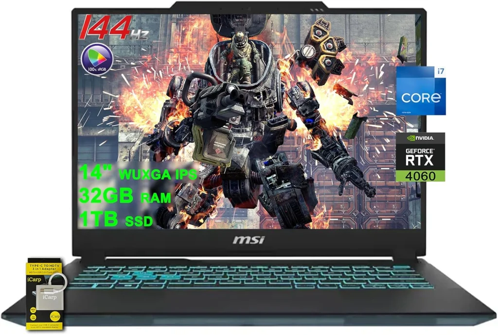 MSI لابتوب العاب سايبورغ 14 14 انش WUXGA IPS 144Hz (100% sRGB) انتل 10-كور i7-13620H 32GB RAM 1TB SSD جيفورس RTX 4060 باضاءة خلفية USB-C ويندوز 11 مع ملحق ICP