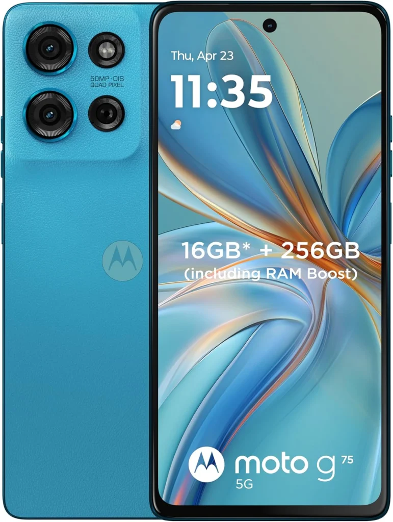 MOTOROLA G75 5G, 8+8GB RAM,pSIM + eSIM,256 GB ROM, Military grade durabilty, Snapdragon 6 Gen 3, 6.8" 120Hz, Android 14, Aqua Blue