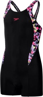 Speedo Girl's Printed Panel Legsuit Black/Pink Swimsuit Swimming Costume