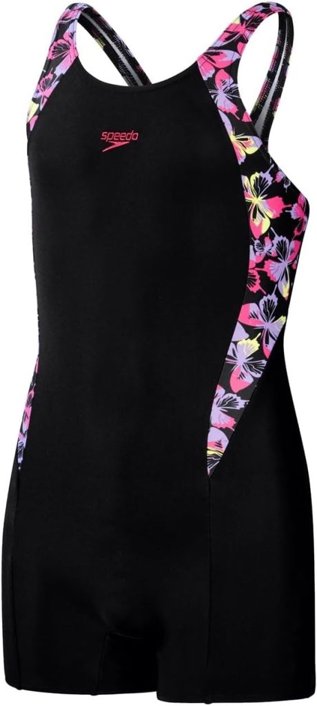 Speedo Girl's Printed Panel Legsuit Black/Pink Swimsuit Swimming Costume