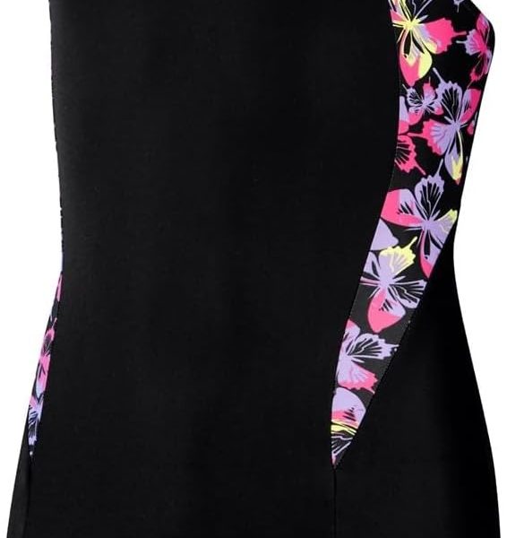 Speedo Girl's Printed Panel Legsuit Black/Pink Swimsuit Swimming Costume