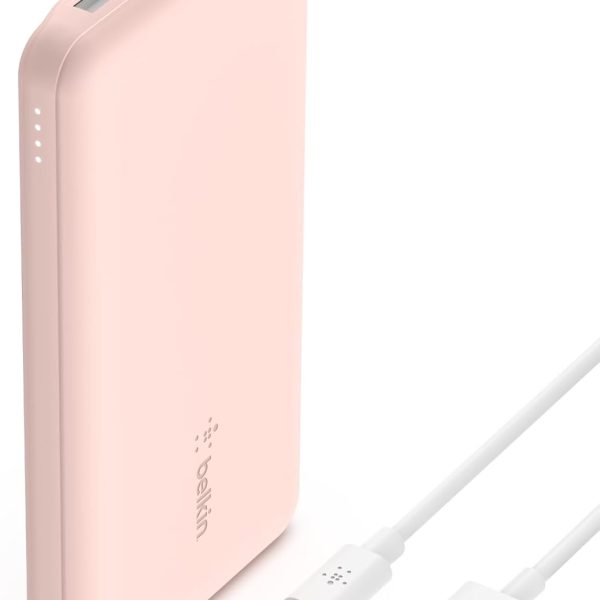 باور بانك محمول من بيلكن (سعة 10000 mAh بمنفذ USB نوع سي واحد ومنفذين ايه لشحن يصل الى 15 واط لهواتف ايفون واندرويد وايربود وايباد وغيرها) لون ذهبي وردي عدد المنافذ: 3
