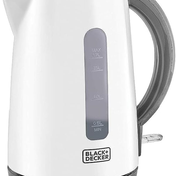 غلاية كهربائية لاسلكية BLACK+DECKER، 2200 واط، سعة 1.7 لتر، غليان سريع، تصميم خفيف الوزن، قاعدة دوارة 360°، إيقاف تلقائي، حماية من الغليان الجاف، لوحة تسخين مخفية، أبيض - JC70-B5
