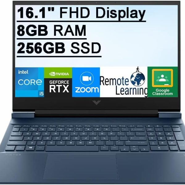 لابتوب العاب فيكتوس 2021 بشاشة FHD 16.1 انش وانتل كور i5 - 11400H (يتفوق على i7 - 9750H) و8GB RAM وSSD PCIe 256GB وجيفورس RTX3050 كاميرا ويب HD ويندوز 11 بطاقة USB 8GB ازرق من اتش بي ، انتل