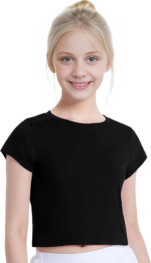 Kids Girls Crop Tops, Lightweight Cotton Short Sleeve T Shirt, Summer Casual Wear Trendy Fashion Gymnastic Tee Top Age 5-14 Years