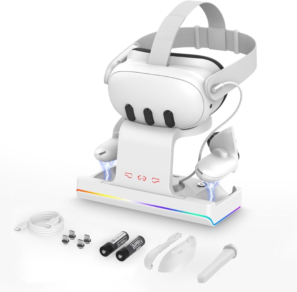 GEEKERA Charging Dock for Meta Quest 3 VR Headset & Controllers Stand with RGB LED Light [On/Off] Accessories with 2 Rechargeable Batteries for Oculus Fast Station