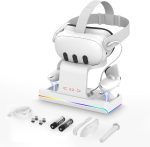 GEEKERA Charging Dock for Meta Quest 3 VR Headset & Controllers Stand with RGB LED Light [On/Off] Accessories with 2 Rechargeable Batteries for Oculus Fast Station