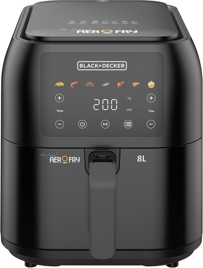 Black+Decker Digital Air Fryer, 1700W, 8L Family-Sized Capacity, 7 Preset Functions, Rapid Air Convection for Healthy Frying, Adjustable Temperature 80-200°C, Easy Clean, Black - SAF80-B5