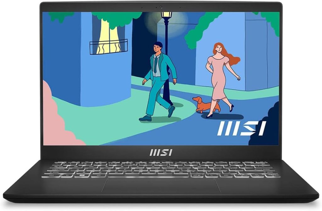 MSI لابتوب عصري 14 انش رفيع وخفيف الوزن للاعمال بمعالج انتل كور i5 1235U ايريس Xe 8GB وذاكرة مستديمة 512GB و180 درجة مسطح ومنفذ USB C وشحن PD وقارئ بطاقات MicroSD وويندوز 11 هوم اسود C12M 032