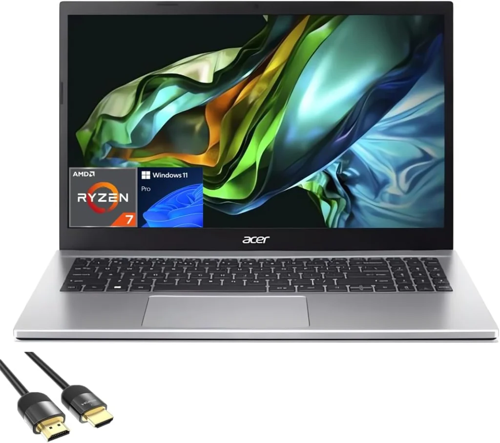ايسر لابتوب اسباير 3 للطلاب والاعمال بشاشة 15.6 انش FHD مايكرو ايدج ومعالج AMD رايزن 7 5700U ثماني النواة وذاكرة RAM 32GB وSSD PCIe 1TB وكاميرا ويب وكيبورد وواي فاي 6 وUSB-C وRJ45 وHDMI وكيبل PDG HDMI