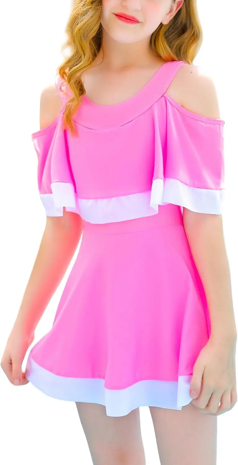 Girls Swimsuit One Piece/Two Pieces Swimwear Cute Skirts Short Sleeve Rash Guard Swimming Costumes Sun Protection Beach Holiday Quick Dry Kids Bathing Suit for 4-18 Years