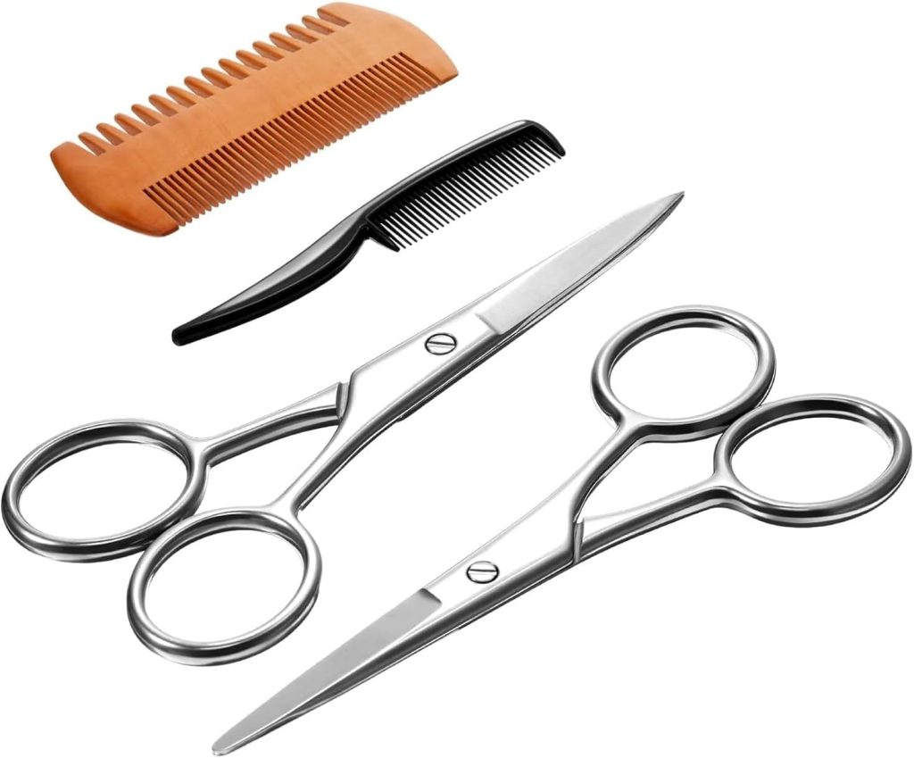 Beard Mustache Scissors, Professional Mustache Scissors Set, 2 Stainless Steel Small Beauty Facial Nose Hair Trimming Shears, 2 Combs