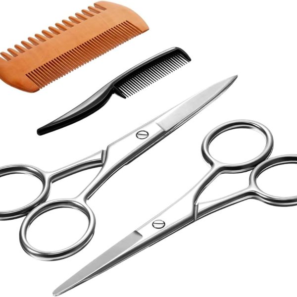 Beard Mustache Scissors, Professional Mustache Scissors Set, 2 Stainless Steel Small Beauty Facial Nose Hair Trimming Shears, 2 Combs
