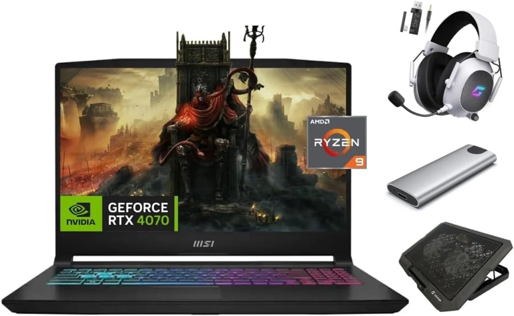 MSI لابتوب العاب كاتانا 15 4070 بشاشة FHD 15.6 انش 144Hz ومعالج AMD رايزن 9-8945HS AI وبطاقة انفيديا RTX 4070 وذاكرة RAM 32GB وSSD 1TB وموزع SSD محمول 256GB وكيبورد RGB وايثرنت وكيبورد وواي فاي 6E