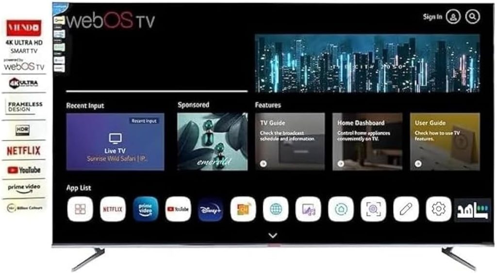 فيندو شاشة تلفزيون 50 بوصة ( ضد الكسر ) سمارت فوركي 4K ، بلوتوث، صوت دولبي، نظام تشفيل Web OS، بدون إطار ، تحكم بالشاشة عن طريق التطبيق بالجوال، 2ريموت، حامل جداري، V50G2، فضي