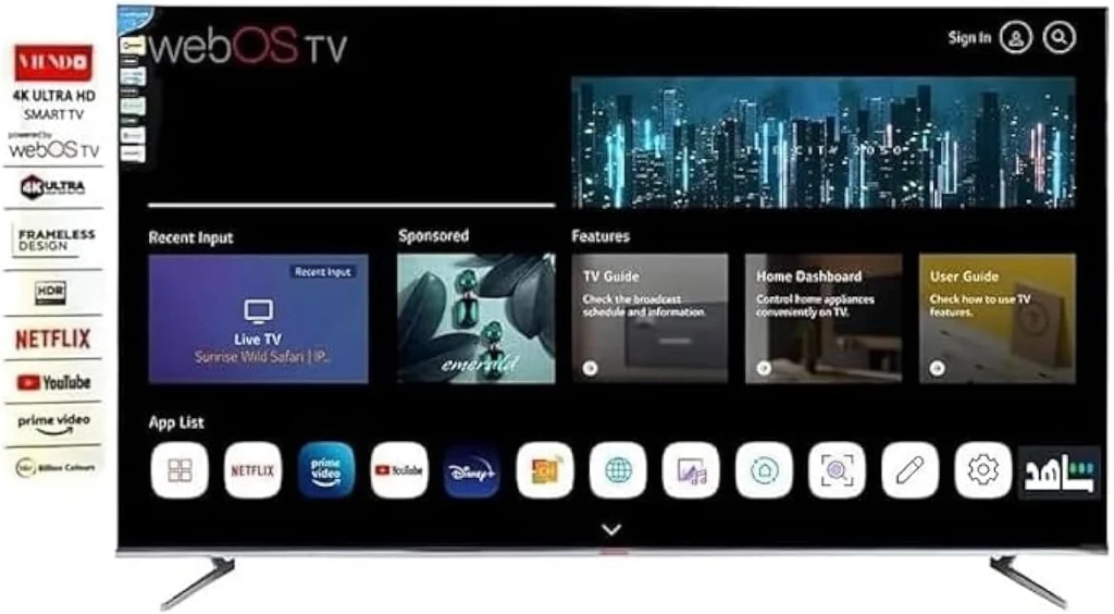 فيندو شاشة تلفزيون 50 بوصة ( ضد الكسر ) سمارت فوركي 4K ، بلوتوث، صوت دولبي، نظام تشفيل Web OS، بدون إطار ، تحكم بالشاشة عن طريق التطبيق بالجوال، 2ريموت، حامل جداري، V50G2، فضي