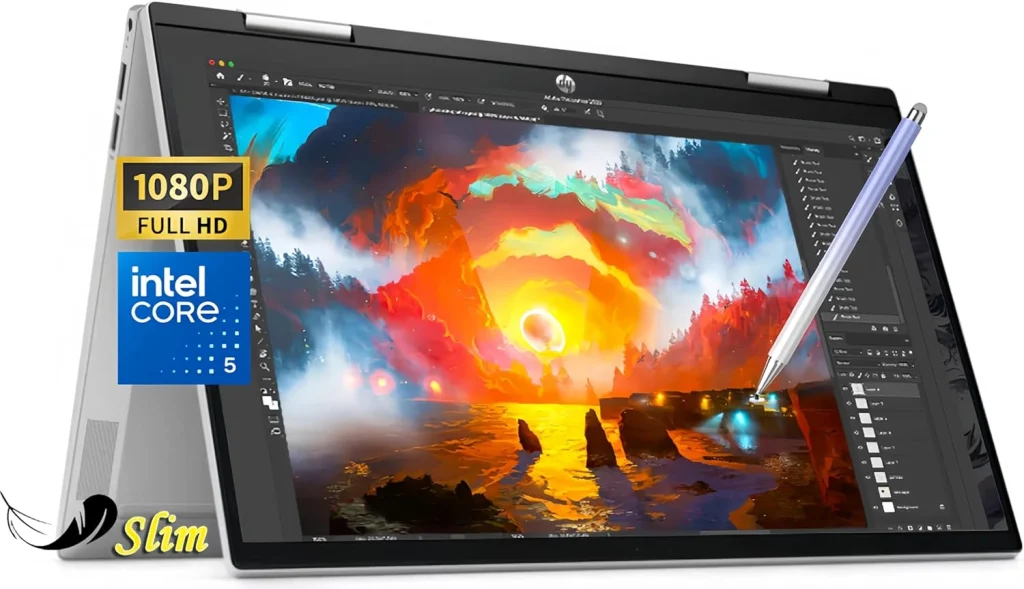 HP لابتوب بافليون x360 بشاشة لمس 14 انش 2 في 1، انتل 10 كور 5 120U (بيتس i7 1355U)، 1080p IPS، واي فاي 6، كيبورد باضاءة خلفية، ويندوز 11 مع قلم ستايلس (16GB RAM | 1TB PCIe SSD)