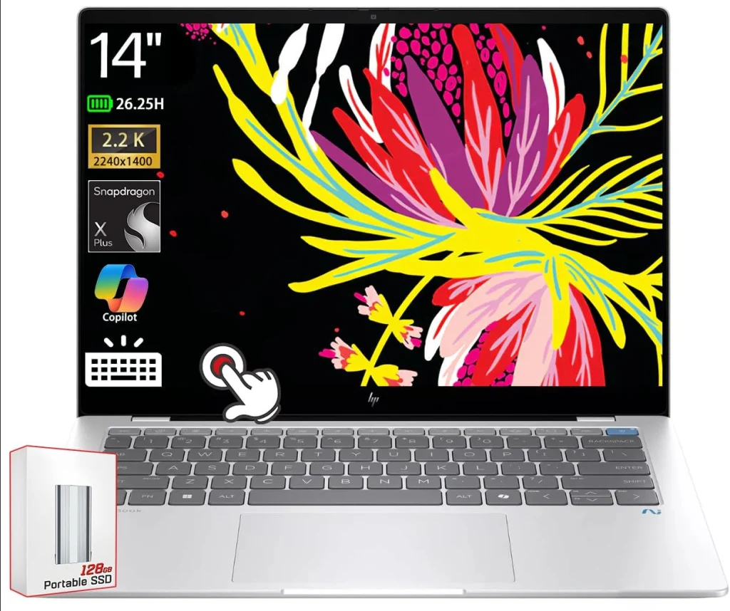 HP لابتوب اومني بوك اكس كوبيلوت بلس بشاشة لمس 14 انش 2.2K 100% sRGB سنابدراجون اكس بلس، كيبورد باضاءة خلفية، واي فاي 6E، ويندوز 11 مع 128GB SSD قابل للحمل (16GB RAM | 512GB SSD)