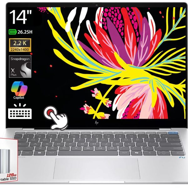 HP لابتوب اومني بوك اكس كوبيلوت بلس بشاشة لمس 14 انش 2.2K 100% sRGB سنابدراجون اكس بلس، كيبورد باضاءة خلفية، واي فاي 6E، ويندوز 11 مع 128GB SSD قابل للحمل (16GB RAM | 512GB SSD)
