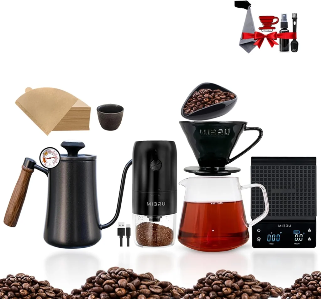 مجموعة تحضير القهوة V60 بطريقة الصب مع مطحنة قهوة كهربائية وميزان قهوة وغلاية قهوة وجرعة قهوة وفلتر قهوة من ام اي برو، 10 قطع