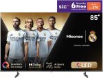 تلفزيون ذكي 85 بوصة بدقة 4K UHD وQLED وتقنية HDR 10+ حركة سلسة DTS وضع اللعب بلس تحكم صوتي دولبي فيجن اتموس ايربلاي صانع الافلام معدل تحديث عالي 120 أسود