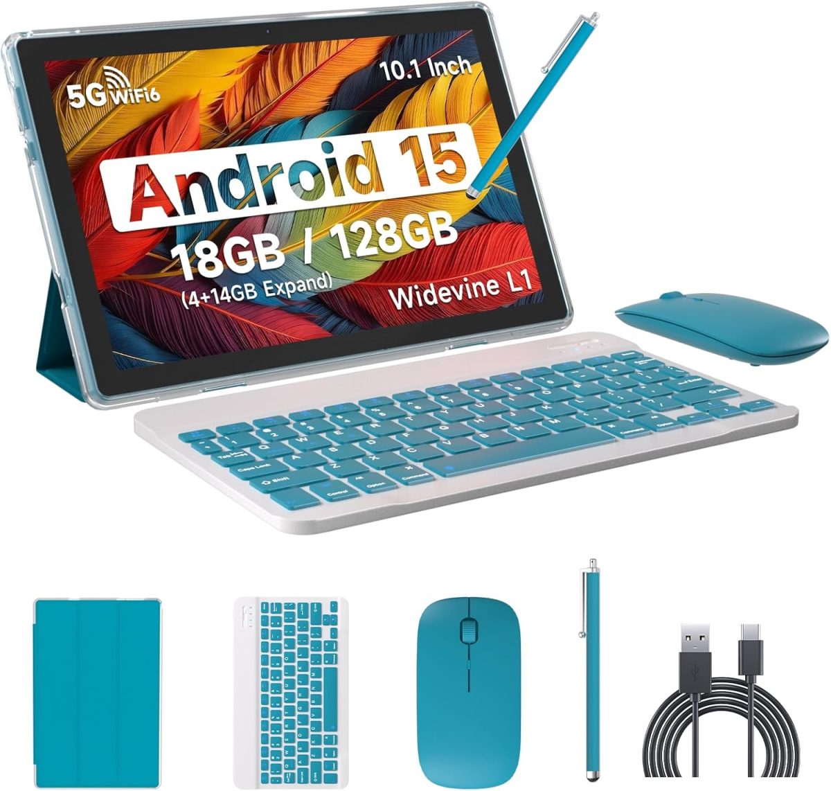 تابلت اندرويد 13 مع كيبورد، 10.1 انش 8GB RAM + 128GB ROM/1TB قابل للتوسيع وحدة معالجة مركزية رباعية النواة 2.0GHz شاشة HD 1280×800 10 انش واي فاي 2.4G/5G واي فاي 6 بلوتوث 5.0، تابلت 2 في 1 مع حافظة