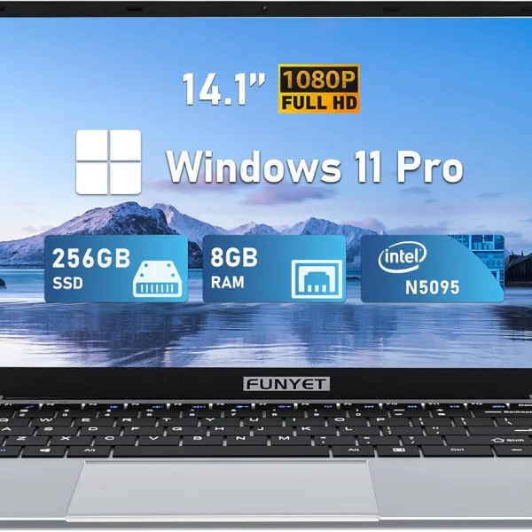 لابتوب ألعاب بشاشة 14 بوصة ودقة FHD 1920 × 1080 من فونيت، يدعم فتح بزاوية 180 ومعالج انتل سيليرون N5095 وويندوز 11 برو وذاكرة رام 8 جيجابايت ووسيط تخزين ذو حالة ثابتة بسعة 256 جيجابايت