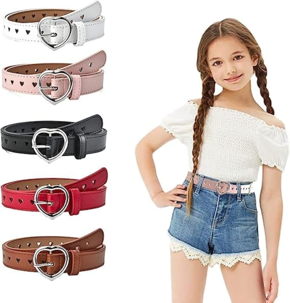 SZYYQ Kids Belt, 4 Pcs Girls Belts, Kids Double Heart Belt, Double Heart Belt PU Faux Leather Waist Belt, Heart Belt for Kids Girls Dress Pants, M Size for 6-12 Kids