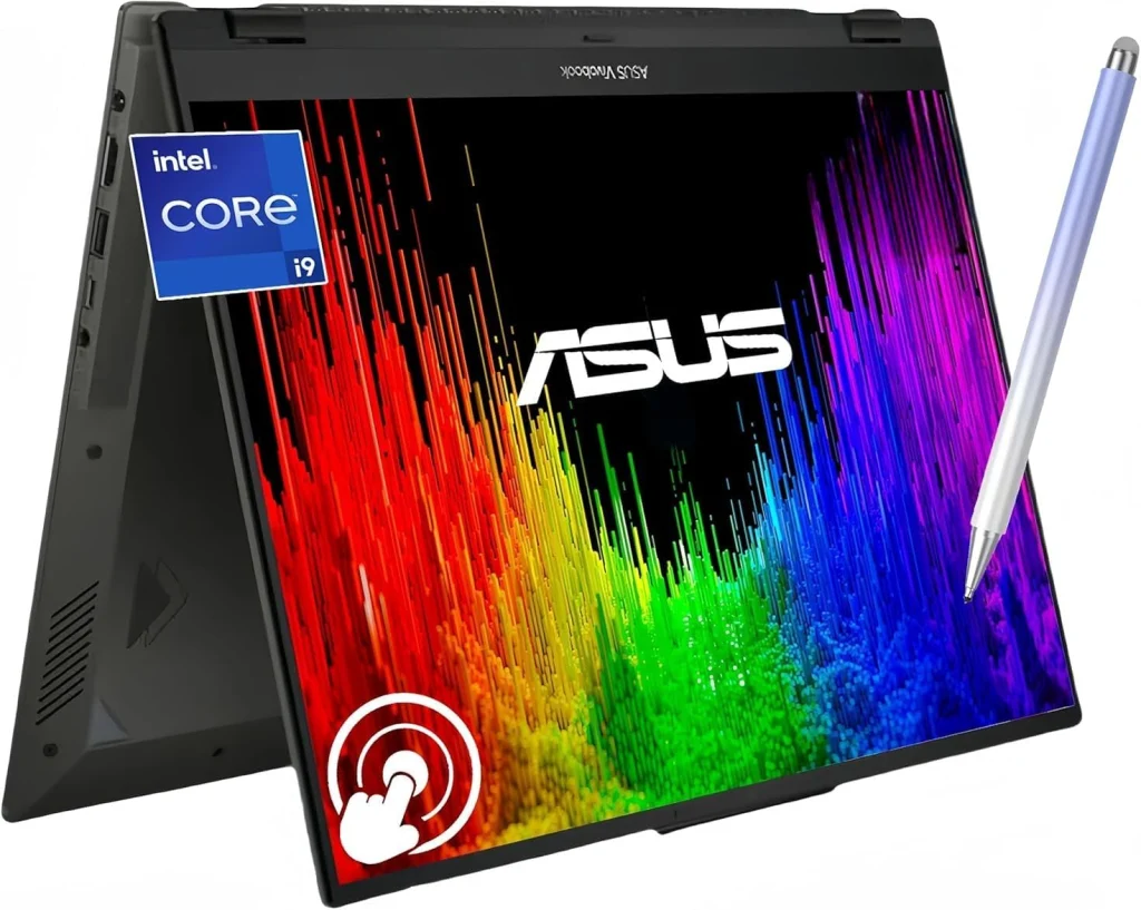 اسس لابتوب فيفوبوك اس 16 فليب بشاشة لمس WUXGA 16 انش، انتل 14 كور i9-13900H، كاميرا ويب 1080p، هارمان/كاردون، واي فاي 6E، كيبورد باضاءة خلفية، ويندوز 11H، مع قلم (40GB RAM، 2TB SSD+قلم)