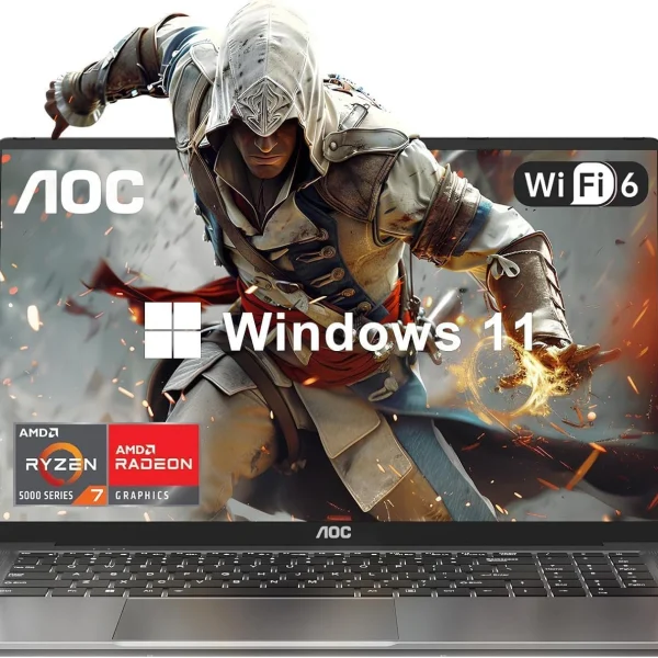 AOC لابتوب العاب بمعالج AMD رايزن 7 5700U (8C/16T، حتى 4.3GHz) شاشة FHD 16.1 انش مع كيبورد باضاءة خلفية، ذاكرة RAM 16GB 512GB NVMe SSD، واي فاي 6، HDMI، USB3.2، نوع C، بطارية 53Wh