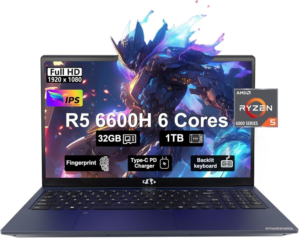 لابتوب العاب 15.6 FHD IPS ومعالج AMD رايزن 5 6600H 660M 6 نانومتر وRAM 32GB DDR5 وSSD 1TB (افضل من i5-12450H حتى 4.5GHz)، 100 واط نوع C، بصمة اصبع، كيبورد باضاءة خلفية، واي فاي 5 ويندوز 11