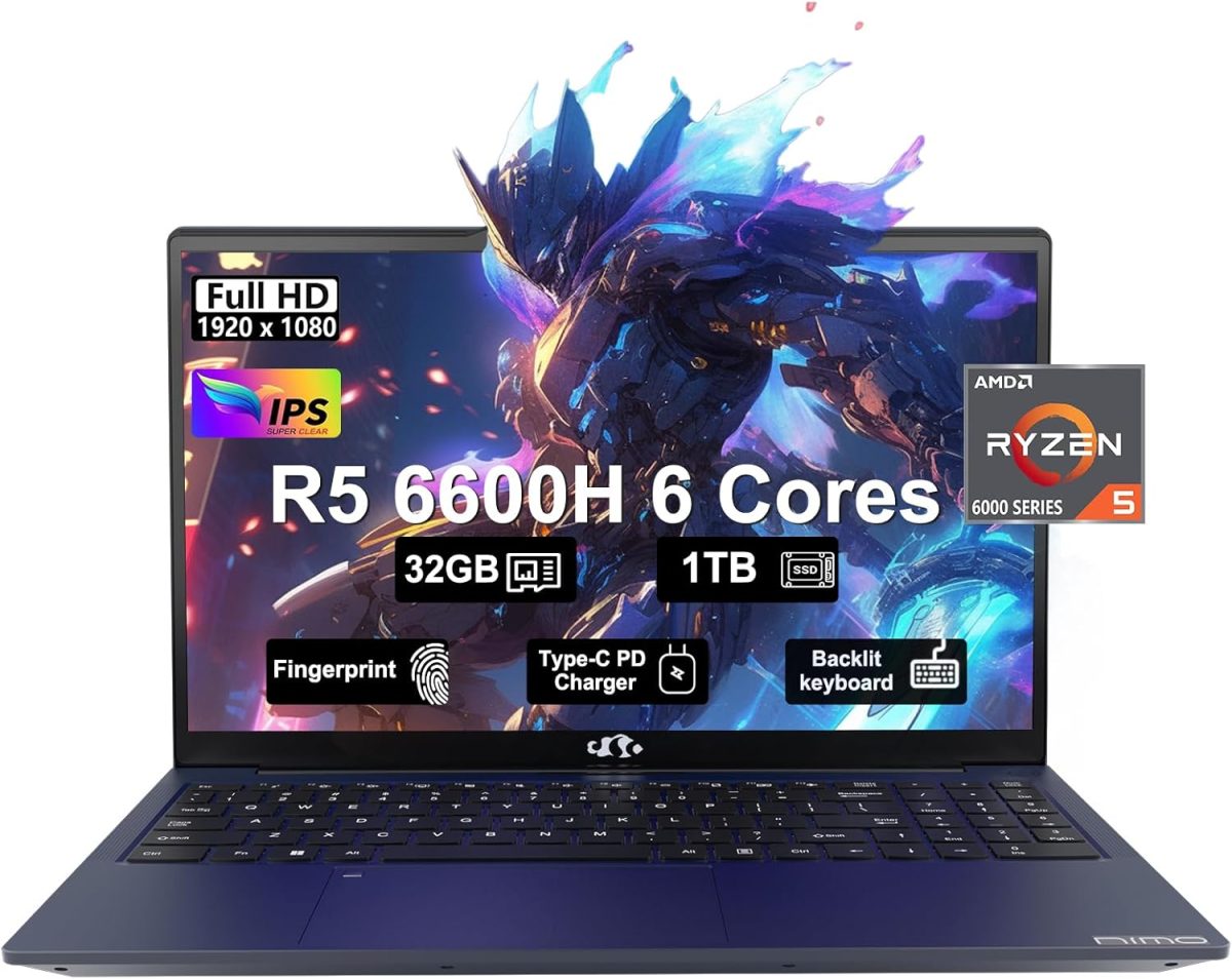 لابتوب العاب 15.6 FHD IPS ومعالج AMD رايزن 5 6600H 660M 6 نانومتر وRAM 32GB DDR5 وSSD 1TB (افضل من i5-12450H حتى 4.5GHz)، 100 واط نوع C، بصمة اصبع، كيبورد باضاءة خلفية، واي فاي 5 ويندوز 11