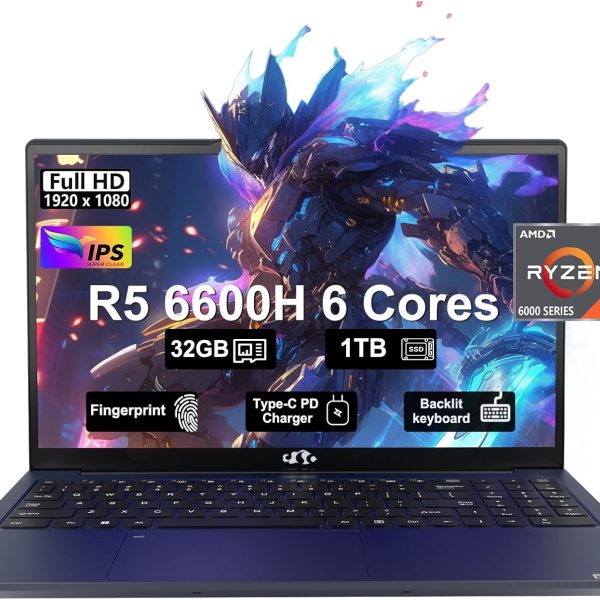 لابتوب العاب 15.6 FHD IPS ومعالج AMD رايزن 5 6600H 660M 6 نانومتر وRAM 32GB DDR5 وSSD 1TB (افضل من i5-12450H حتى 4.5GHz)، 100 واط نوع C، بصمة اصبع، كيبورد باضاءة خلفية، واي فاي 5 ويندوز 11