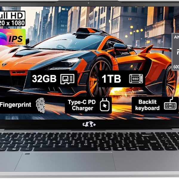 لابتوب العاب 15.6 بوصة FHD IPS بمعالج AMD رايزن 5 6600H سداسي النواة وRAM DDR5 32GB وSSD 1TB (افضل من i5-12450H حتى 4.5GHz)، 100 واط نوع C، وحدة معالجة رسومات جرافيكية 6 نوى 660M، بصمة اصبع، كيبورد