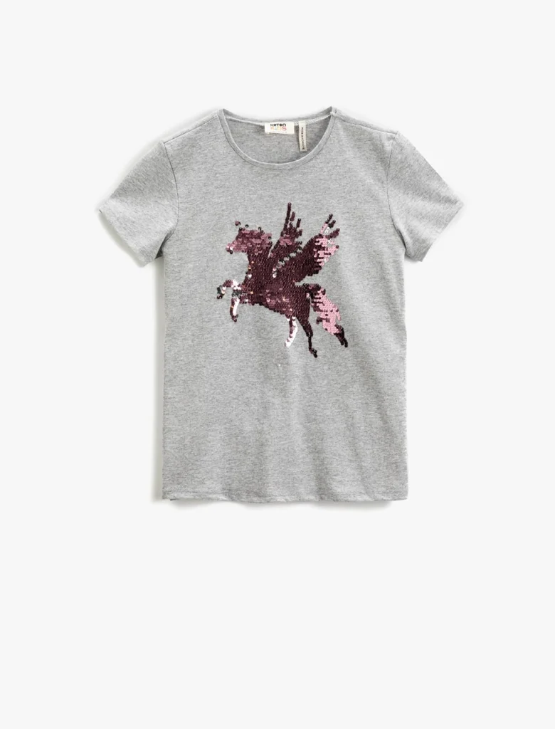 KOTON Girls Daisy Sequined Short Sleeve T-shirt Round Collar T-Shirt