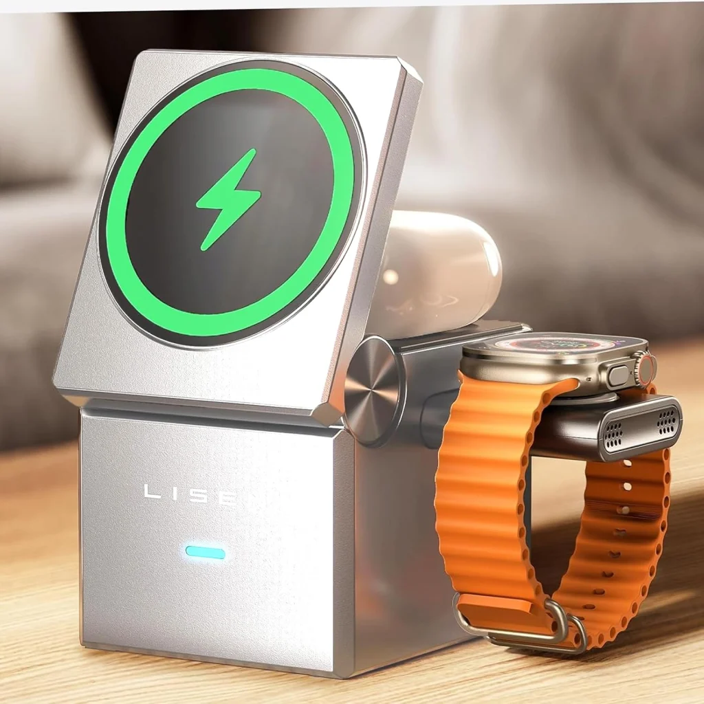 LISEN 3 in 1 Wireless Charger for Magsafe, for iPhone 16 Wilress Charging Station, Fast Charging ChargerTravel Accessories Gifts for Men Women, for iPhone 15 14 13 12 Airpods Apple Watch Charger