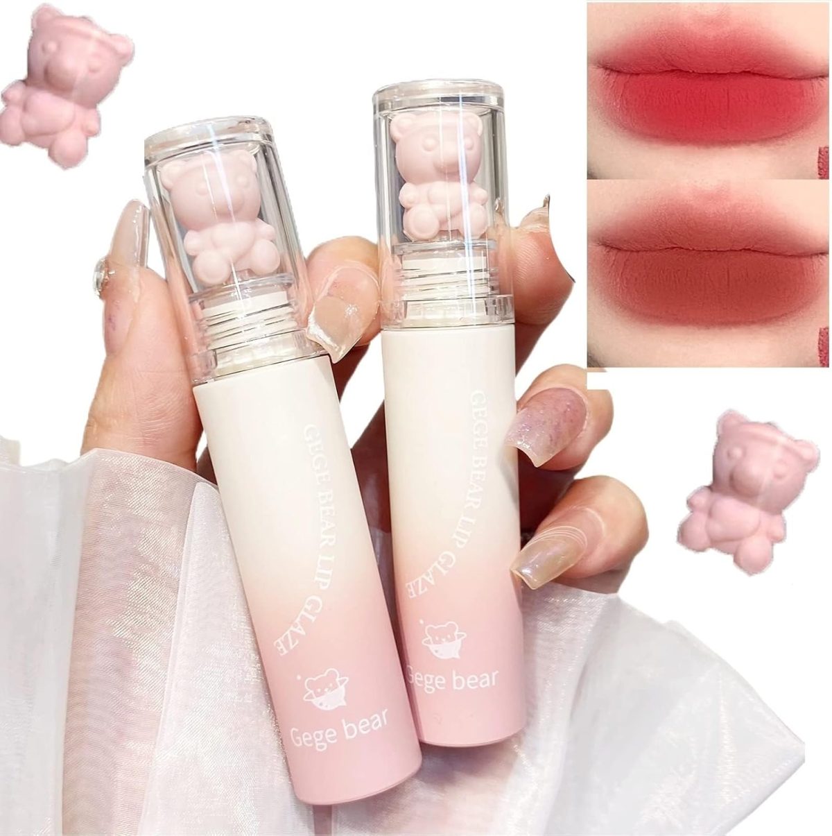 Excefore 2 Pcs Bear Lip Glaze Matte Liquid Lipstick, Bear Velvet Lipgloss, Waterproof Long Lasting Lip Gloss, Moisturizing Lip Oil Gloss, Suitable Beauty Makeup