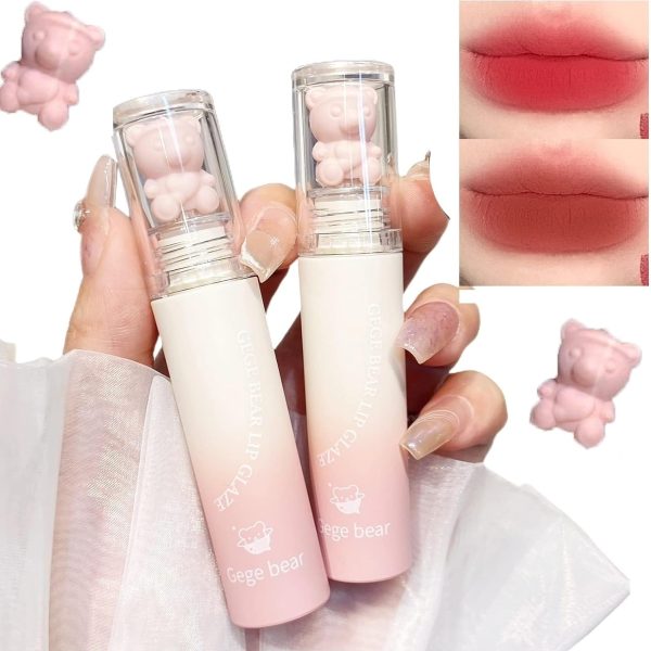 Excefore 2 Pcs Bear Lip Glaze Matte Liquid Lipstick, Bear Velvet Lipgloss, Waterproof Long Lasting Lip Gloss, Moisturizing Lip Oil Gloss, Suitable Beauty Makeup
