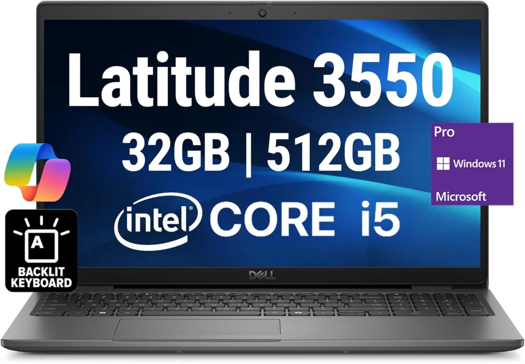 اويم جينوين لابتوب ديل لاتيتيود 3550 2024 بشاشة FHD 15.6 انش ومعالج انتل 10 كور i5-1335U (افضل من i7-1270P) و32GB DDR5 RAM وذاكرة مستديمة 512GB وواي فاي 6E وبلوتوث وكيبورد باضاءة خلفية وكاميرا ويب HD