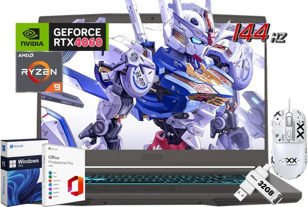 MSI لابتوب العاب رفيع 15 بشاشة IPS 15.6 انش 144Hz ومعالج AMD رايزن 9 8945HS وانفيديا RTX 4060 8GB GDDR6 و64GB DDR5 و4TB SSD وويندوز 11 برو ورخصة اوفيس برو مدى الحياة وماوس وذاكرة فلاش USB C