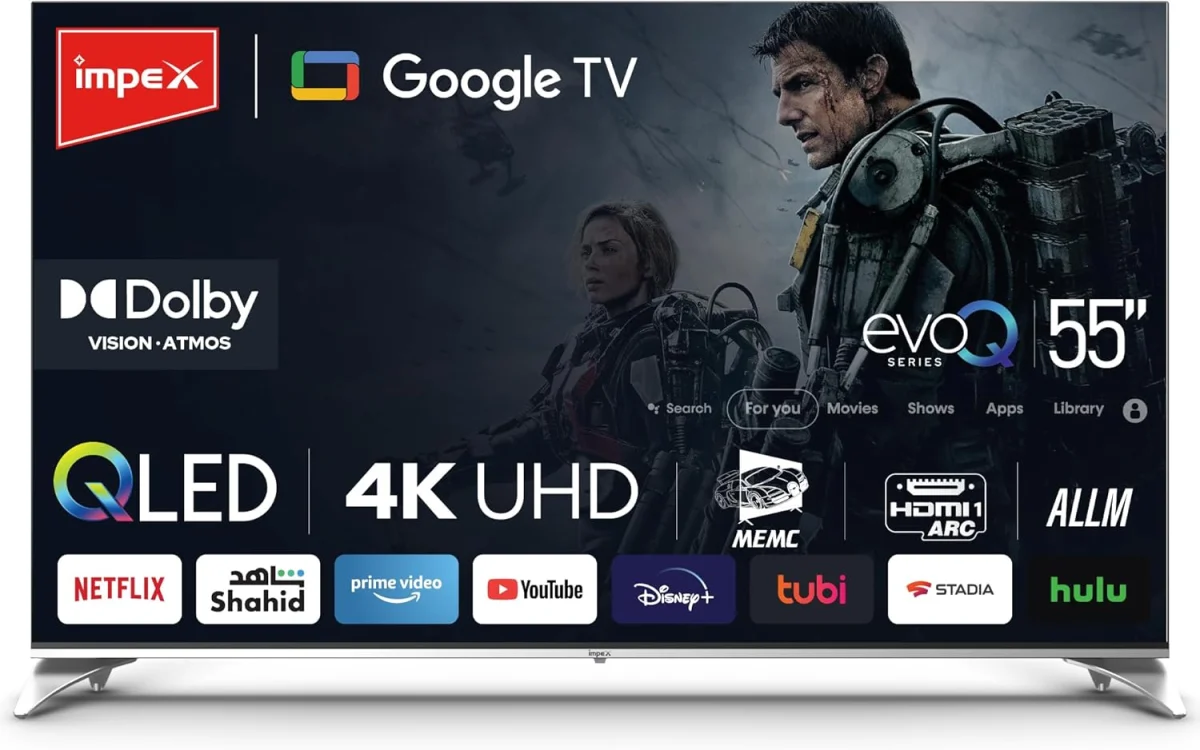 تلفزيون جوجل QLED ذكي 55 بوصة 4K UHD من امبيكس، تصميم بدون اطار، دولبي فيجن واتموس، ALLM، MEMC، يدعم واي فاي، بلوتوث، بصري، HDMI ARC مع اتصال eARC وUSB - ضمان لمدة عامين
